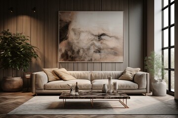 Contemporary indoor space with beige couch, artwork, and furniture. Generative AI