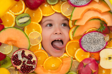 Fototapeta na wymiar Healthy vitamins fruits. Kids face with mix of fresh frutis. Healthy nutrition food for kids.