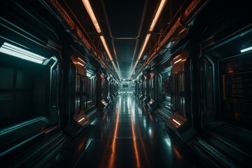 Futuristic spaceship corridor with interior lights. Ideal for business, sci-fi or science concepts. Generative AI