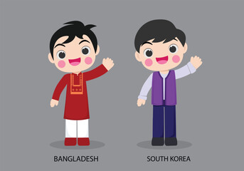 Bangladesh peopel in national dress. Set of South Korea man dressed in national clothes. Vector flat illustration.
