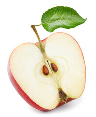 Isolated apple half with leaf. Red apple fruit on white background with clipping path. As design element.