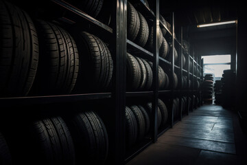 A row of brand new car tires lined up on a shelf in an auto store, with black rubber and shiny rims, ready for installation. AI Generative