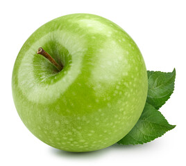 Green apple clipping path. Ripe whole apple with leaf isolated on white background. Apple macro studio photo