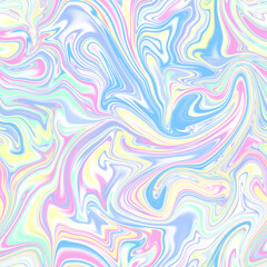 Holographic seamless pattern. The effect of flowing iridescent liquid. Psychedelic effect. Fairy tale unicorn trend background. 90s fashion..