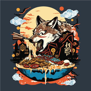 serenity-Wolf-eating-Okonomiyaki,-Wolf character, artistic, print design, for t-shirt and case

