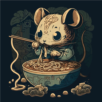 surprise-Mouse-eating-Udon,-Mouse character, artistic, print design, for t-shirt and case
