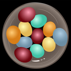 Dyed Easter eggs lying on a plate. Spring seasonal design. On black background.