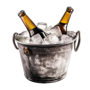 Two bottles of beer are in a bucket with ice.