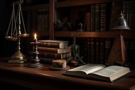 Legal motif with judge's mallet, scales of justice, books, and wooden desk. Generative AI