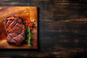 Grilled meat barbecue steak on a wooden board whit copy space. At the aged table. Top view. Digital ai art