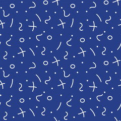 Seamless pattern from the 90s of signs and squiggles on a blue background. Vector illustration for decoration, postcards, print, fabric