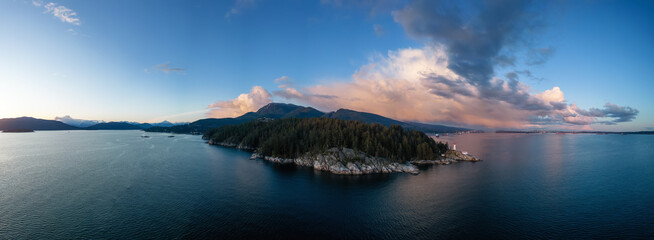 Lighthouse Park in West Vancouver, British Columbia, Canada. Aerial Panoramic Background. Sunny...