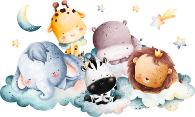 Watercolor illustration Cute baby animals sleeping on the cloud with moon and stars © Stella