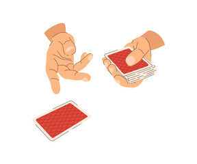 Playing cards in hands flat illustration. The croupier deals cards to the players in casino. Vector illustration for gambling industry