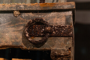 Old style wooden box with rusty handles, retro and old