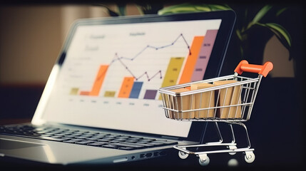 E-commerce. Paper boxes in shopping cart and credit card on keyboard and sales data economic growth graph on computer screen, online shopping and payments, banking, services online on network © Tn