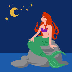 Vector illustration of a mermaid sitting on a rock floating in the sea and staring into the distance. In night view.