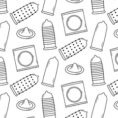 Seamless pattern with condoms. Doodle print of different types of condoms. Vector illustration. Linear style. The method of contraception is condoms.