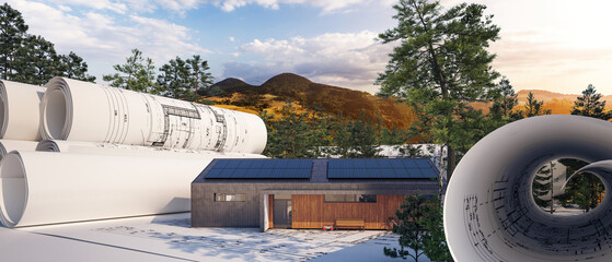 Entwurf eines modernen Gebäudes mit Photovoltaik-Module in Dachmontage (Mittelgebirgslandschaft im...