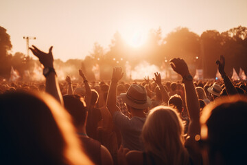 Crowd at concert and blurred stage lights. Generative ai