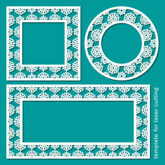 Set of winter frames of different shapes. Decorative borders with geometric snowflakes. Template for plotter laser cutting of paper, fretwork, wood carving, metal engraving, cnc. Vector illustration.