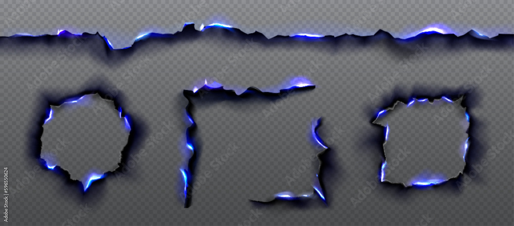 Aufkleber black burnt paper edges with blue fire texture. borders and frames of scorched edges of pages or par