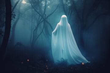 A dark ghostly figure moving through a misty forest in the evening. Spooky concept.Generative ai