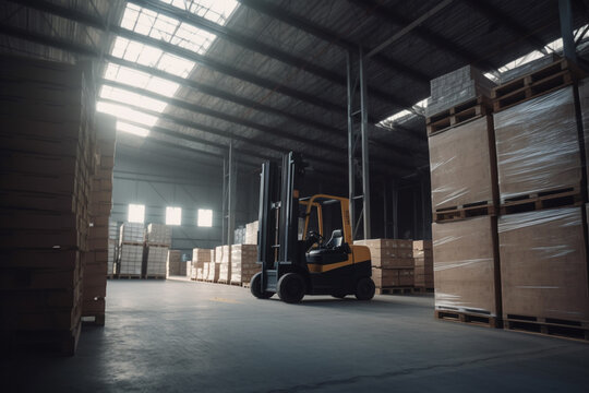 A forklift loads pallets in a huge warehouse. AI generative.