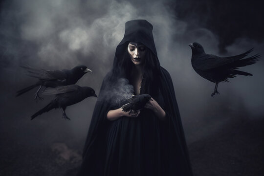 Mysterious woman in black gothic dress in the mist surrounded by ravens. Generative ai.