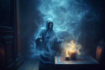 Grim reaper in haunted, creepy house. Generative ai