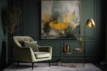 Vintage sitting room features abstract painting on grey wall, antique green armchair, beige sofa with cushions & yellow pouf paired with book. Generative AI