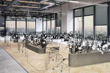 Offene Büroarchitektur unter Berücksichtung der Nachhaltigkeit bei der Wahl der Materialien und der Raumgestaltung (Skizze) - 3D Visualisierung