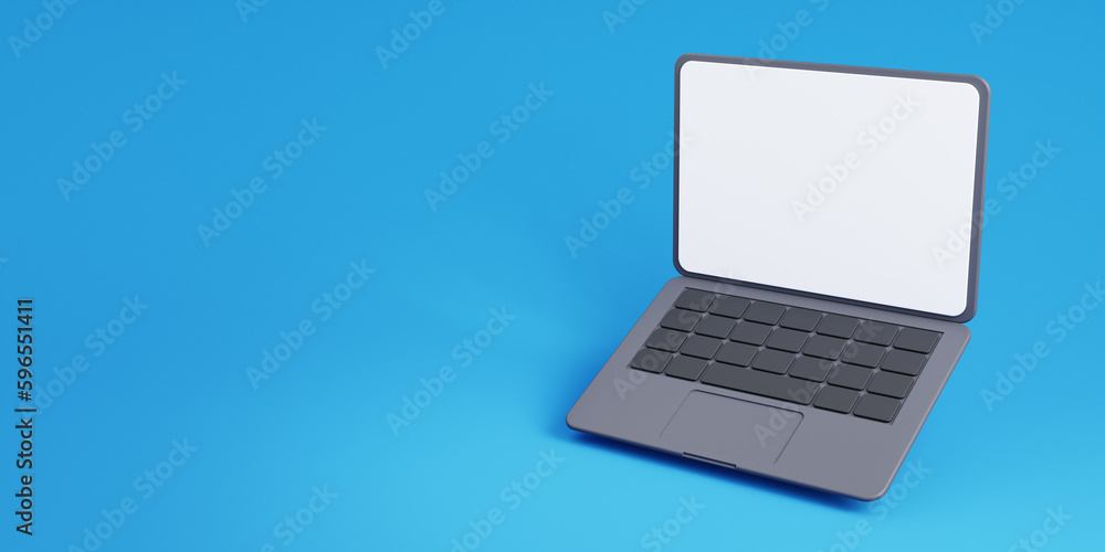 Poster 3d laptop with empty white screen on blue background with free space for text. float or levitate lap