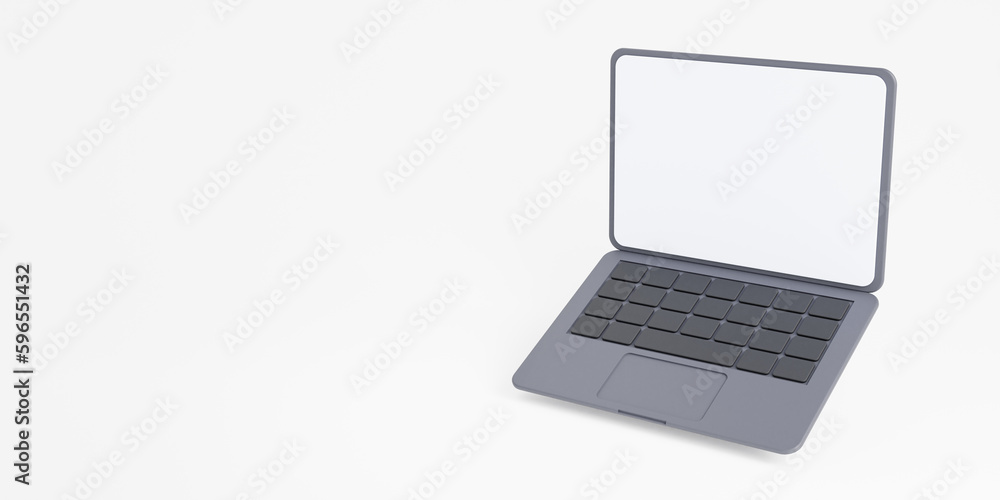 Poster 3d laptop with empty white screen on white background with free space for text. float or levitate la