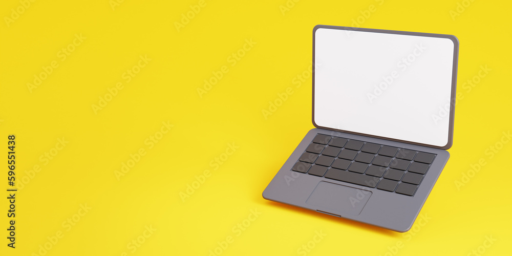 Poster 3d laptop with empty white screen on yellow background with free space for text. float or levitate l
