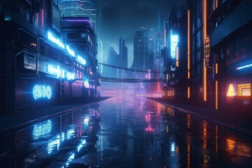 A futuristic city with blue neon lights and cyberpunk style. Wet black road and cyber industrial cityscape. 3D illustration. Generative AI