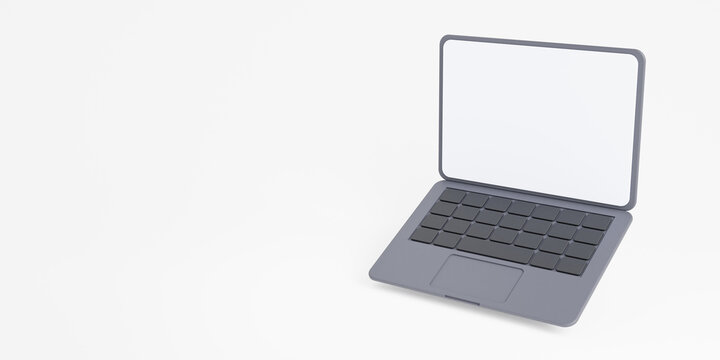 3D Laptop with Empty white screen on white background with free space for text. Float or levitate laptop. Technology gadget for hipster background concept. 3D Illustration