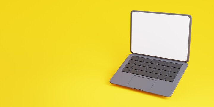3D Laptop with Empty white screen on yellow background with free space for text. Float or levitate laptop. Technology gadget for hipster background concept. 3D Illustration