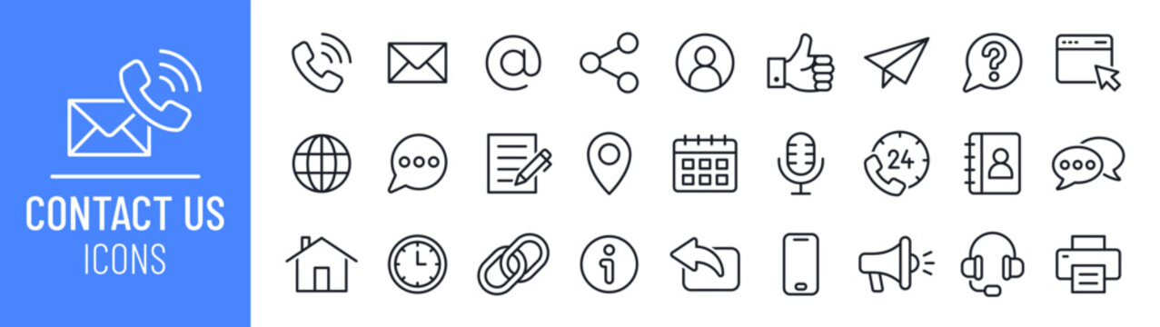 Contact us icon set. Containing phone, website, calendar, email, address, link, call-us, customer support and comment message symbol. Outline icon collection. Vector illustration.