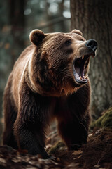 Fototapeta premium Brown bear in the wild. Kamchatka Forest. Wild Grizzle bear roaring aggressively running towards camera generative ai