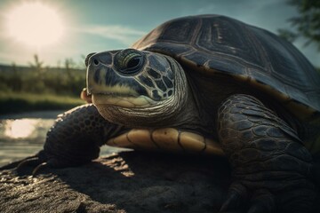 Fototapeta na wymiar A sun-bathed, majestic turtle. Generative AI