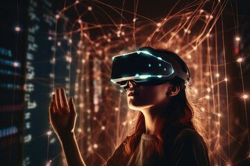 Office worker woman in vr helmet. Female using Virtual reality display in office tasks generative ai.