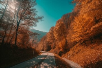 Autumnal scenery with colorful trees, blue sky, falling leaves, and peaceful winding road. Generative AI