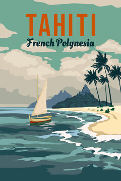 French Polynesia islands Tahiti travel poster resort,