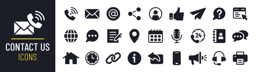 Contact us icon collection. Containing phone, email, address, website, call center service, customer support and chat icons. Solid icon set. Vector illustration. - obrazy, fototapety, plakaty