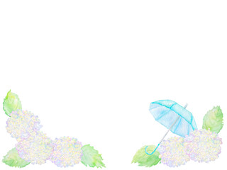 パステルカラーの紫陽花と青い傘のフレーム(背景透過)。水彩イラスト。