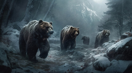 Grizzly bears in the icy wilderness, created with generative ai - obrazy, fototapety, plakaty