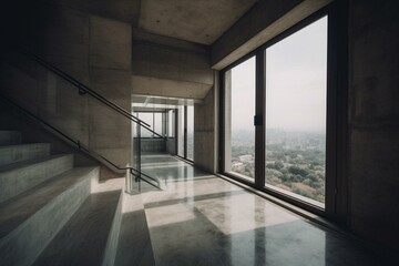 Contemporary hall with stone floor, concrete stairs, and panoramic window displaying city. Minimalist. Generative AI