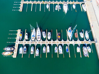 Aerial view landscape Poland Gdynia. View of parked boats and motorboats. Marina, marina, ships.