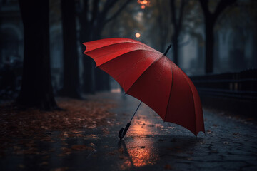 Red wet umbrella on the road at public park. Beautiful generative art